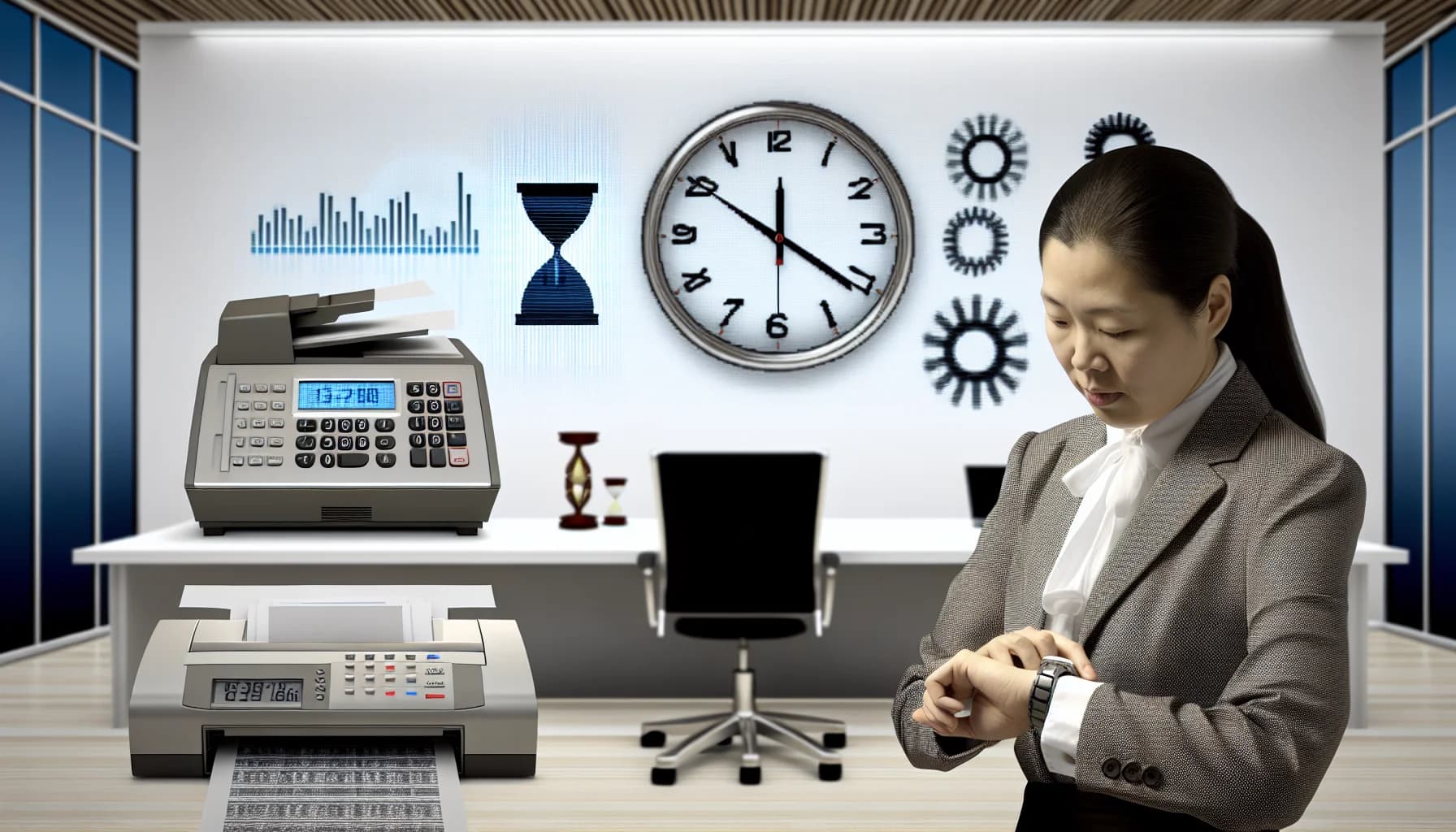 Wall clock and fax machine showing the time concept of fax transmission with professional person waiting