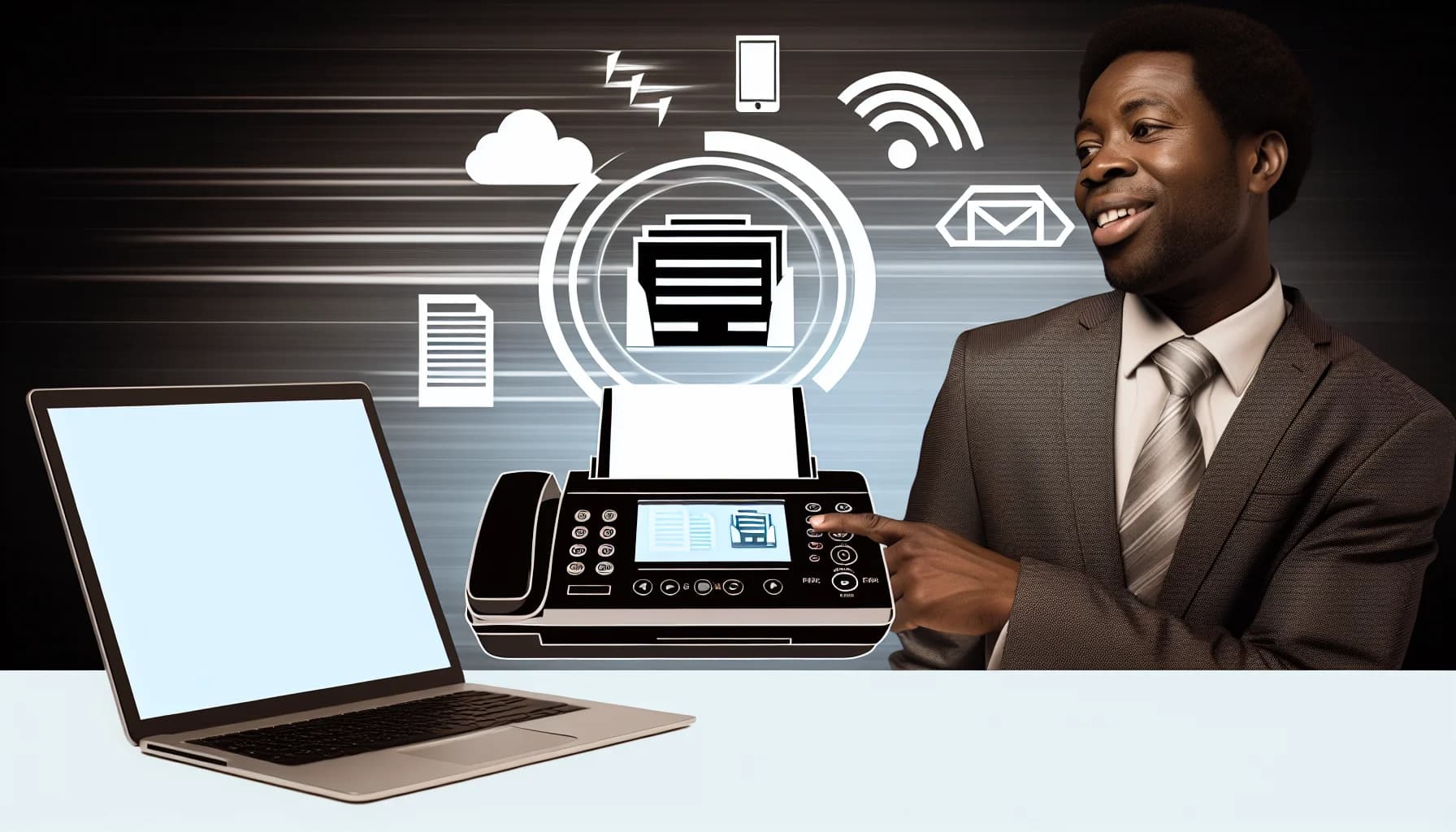 Professional using laptop to send eFax electronically with digital document icons representing electronic transmission