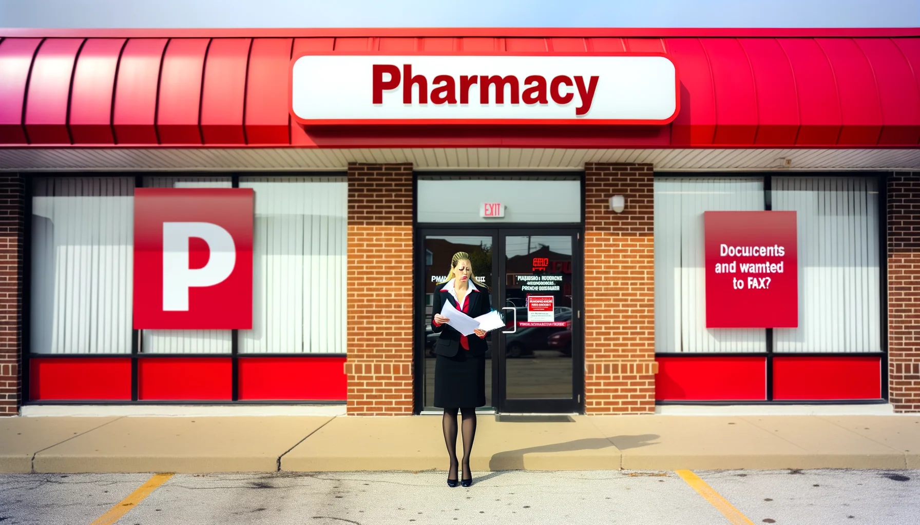 Walgreens pharmacy store exterior with clear Walgreens sign, person with documents looking for fax service