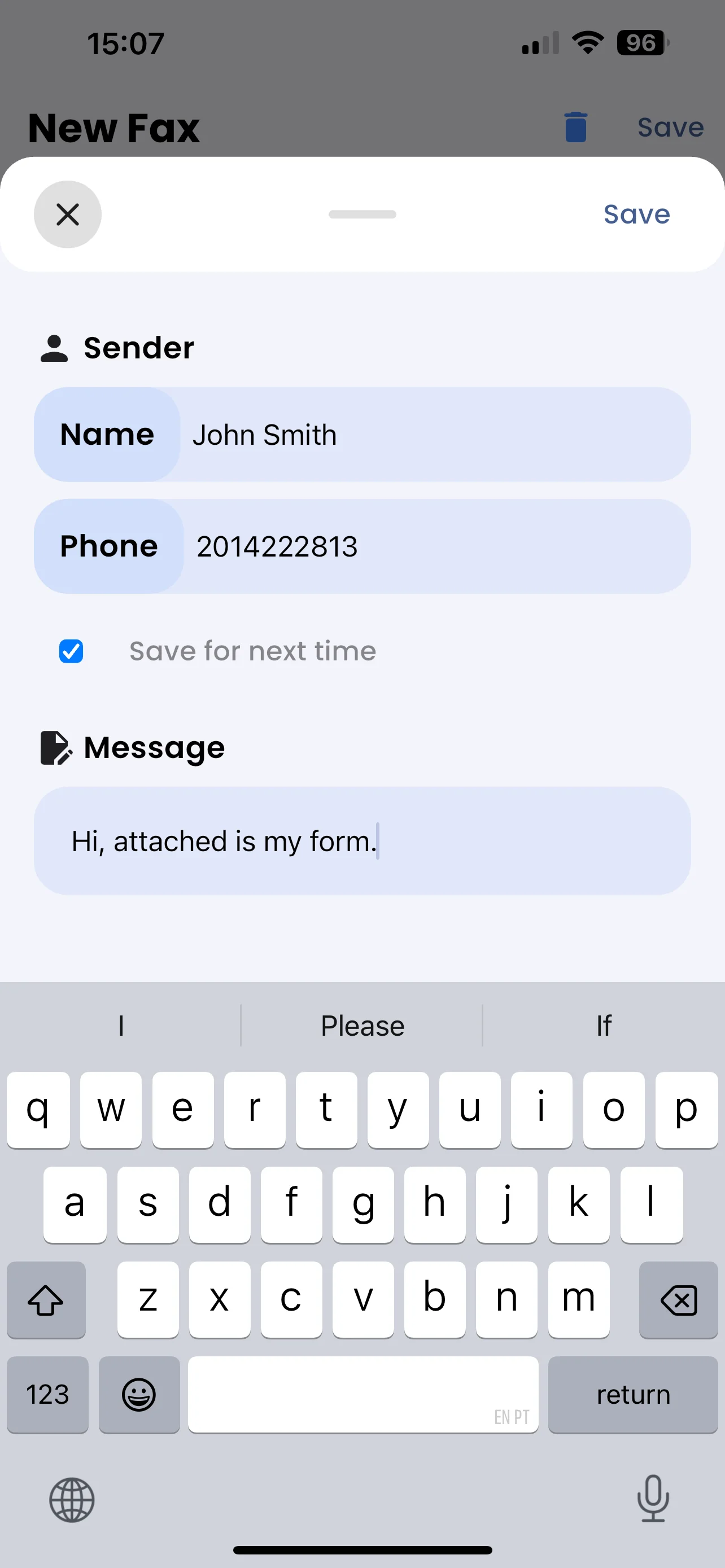 FaxFlow iPhone app cover letter creation screen for professional fax documents