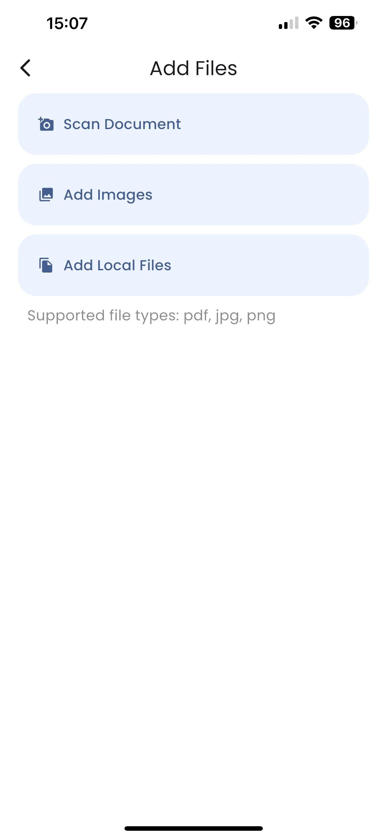 FaxFlow iOS app add files screen for iPhone faxing