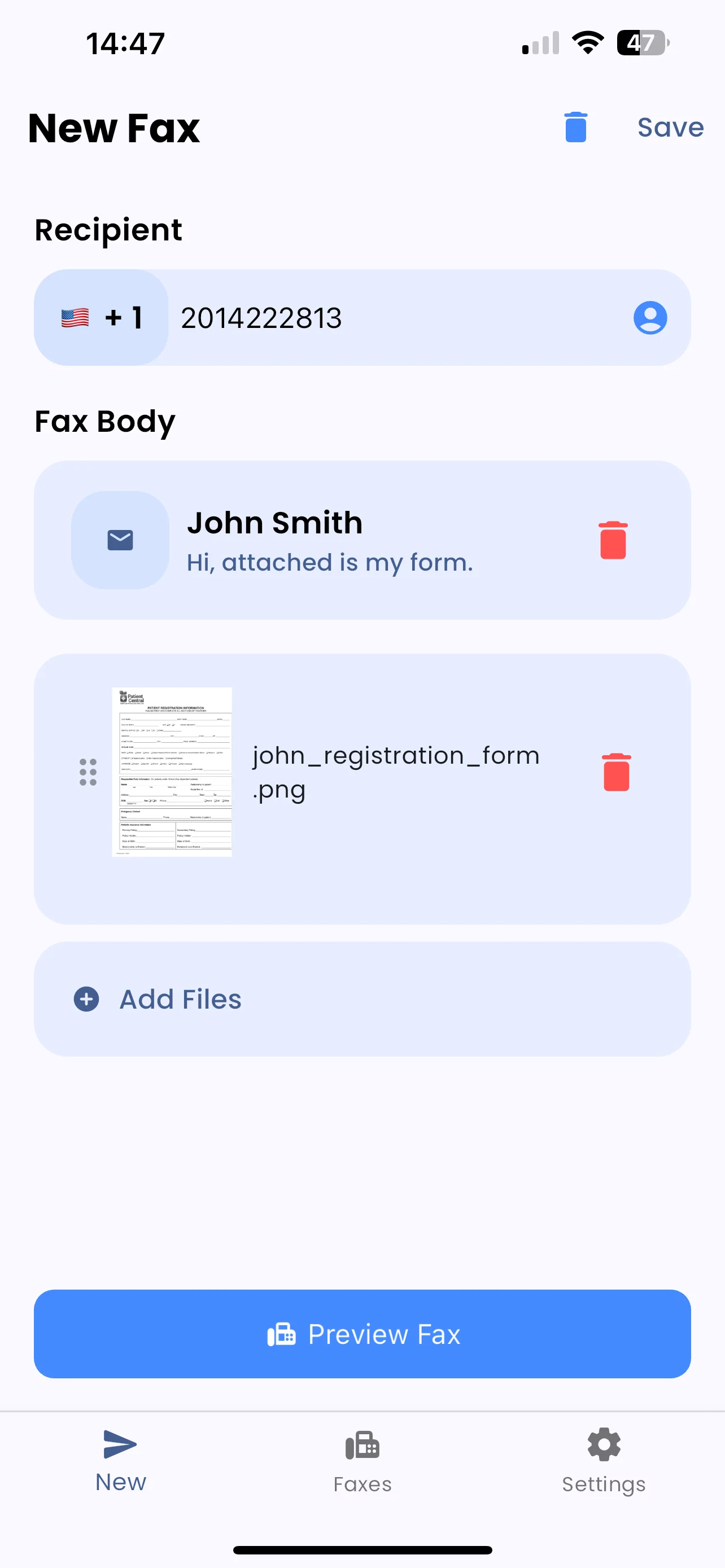 Enter recipient fax number in FaxFlow iPhone app for secure fax transmission