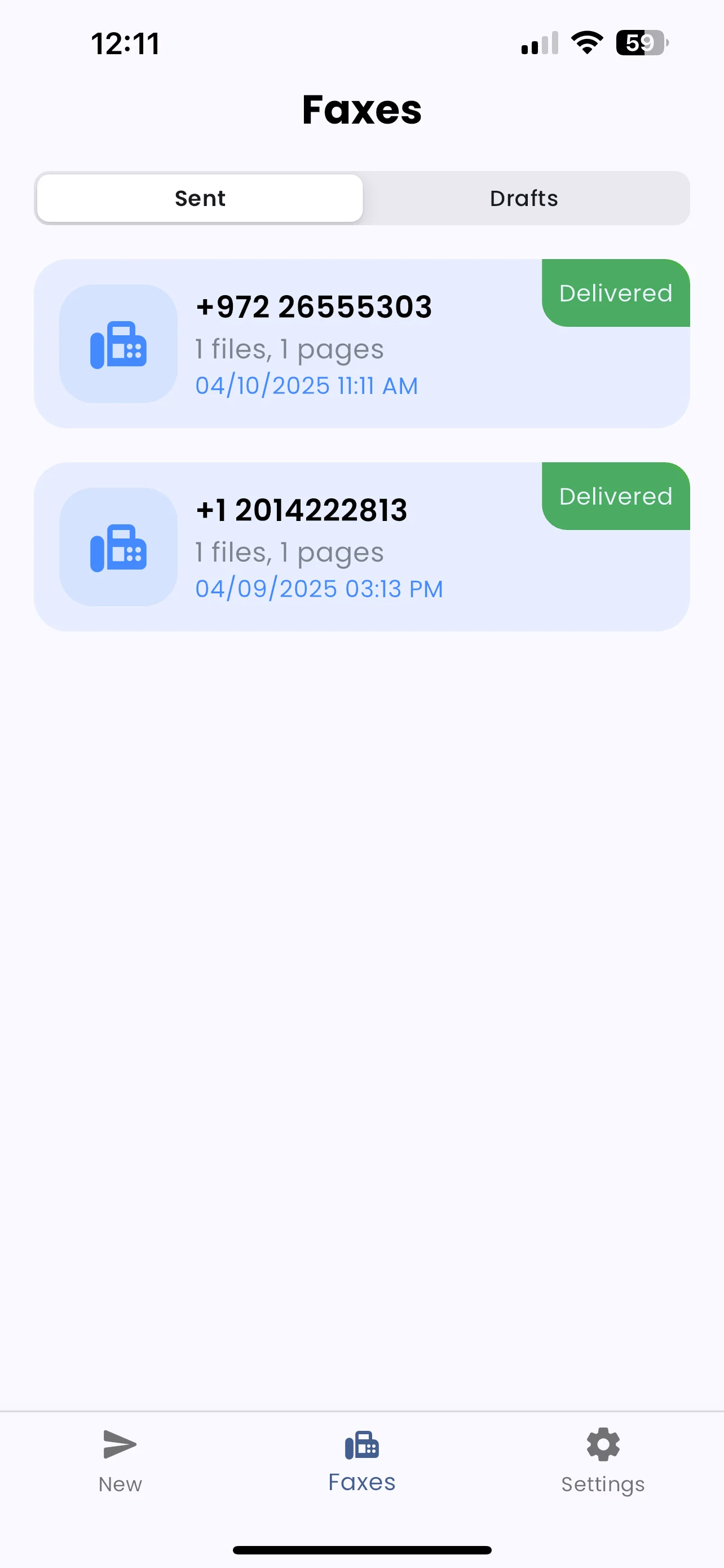 FaxFlow fax delivery confirmation screen showing successful fax transmission